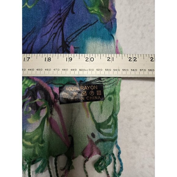 Hand-Painted Rayon Scarf Butterfly & Floral Design Green & Blue 60" x 22" - Picture 3 of 6